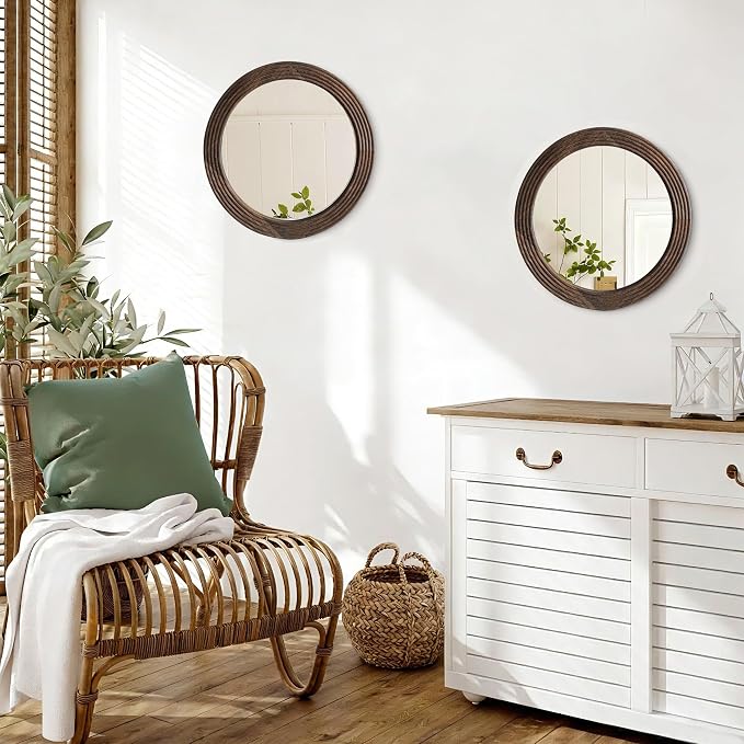 LOSOUR Round Mirror, Farmhouse Decor Solid Wood Frame Wall Circle Mirror, Decorative Mirrors for Bathroom Over Sink, Living Room, Entryway,Bedroom, Entryway, Hallway,Foyer (2, Coffee, 24" L x 24" W)