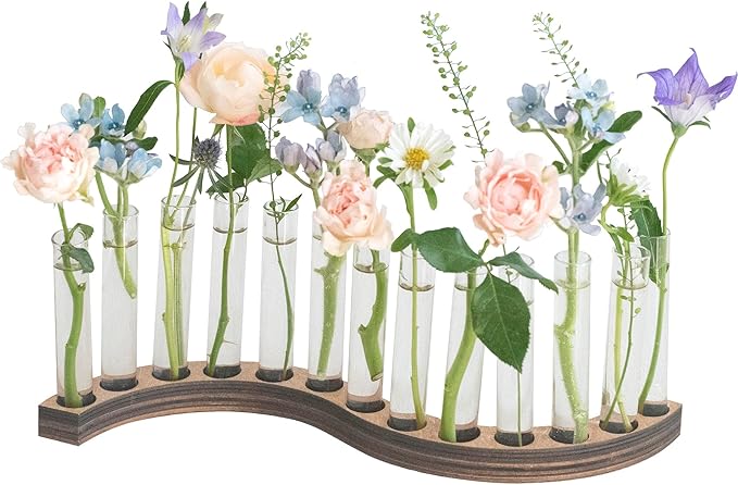 Test Tube Vases for Flowers，Small Plant Propagation Station，S Shape Plant Terrarium with Wooden Stand(Amber)