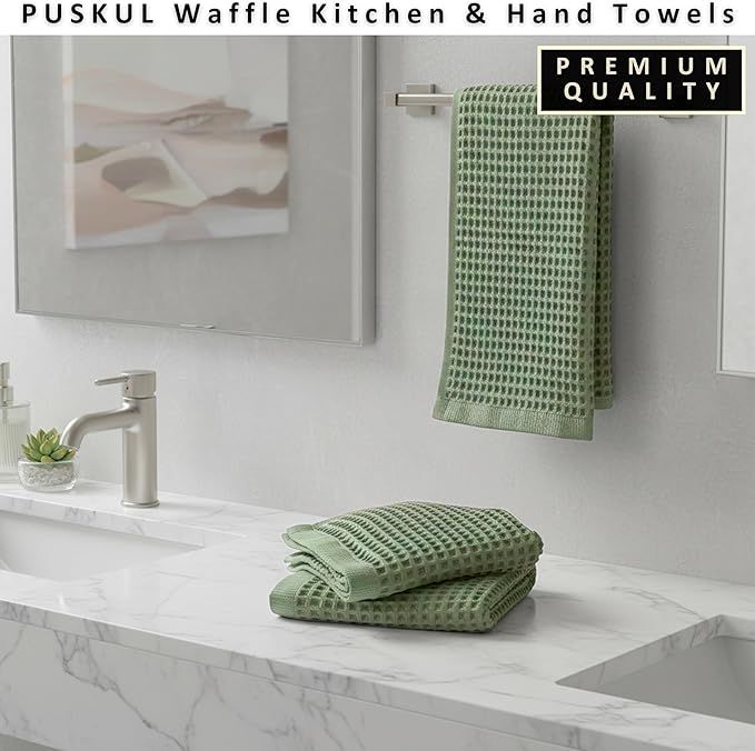 PÜSKÜL Natural 100% Turkish Cotton Waffle Kitchen Towels Set of 3 | Oeko-Tex, Premium Waffle Hand Towels for Bathroom | Soft Absorbent Quick-Dry Lint-Free Dish Towel Large 32x16 inch (3, Sage Green)