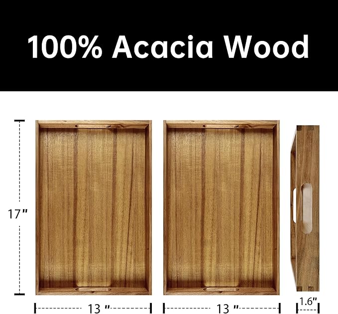 KITEISCAT 17-Inch Acacia Wood Serving Trays with Handles, Set of 2 – Decorative Wooden Trays for Coffee Table, Ottoman, Living Room, Breakfast & Appetizers – Sturdy & Elegant Serving Platters