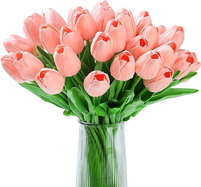 20pcs Pink Tulips Artificial Flowers Fake Silk Tulips Real Touch Flowers for Spring Kitchen Wedding Home Decor Arrangements Easter Decor 14 Inch