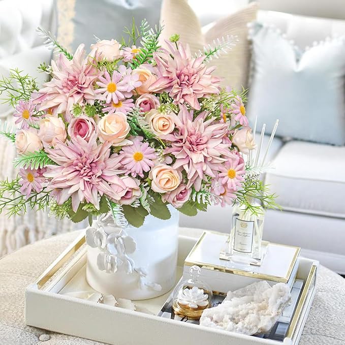 2PCS Artificial Flowers Dahlia Bouquet Fake Flowers Purple Silk Roses Daisies Faux Floral Arrangements for Dining Table Centerpieces for Kitchen Bridal Bouquet Wedding Party Home Decor
