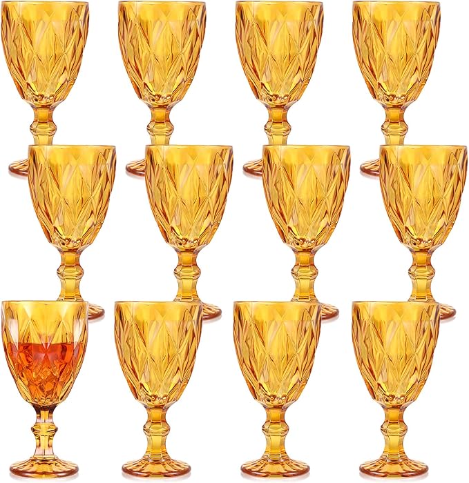 Yinder Glass Goblet Vintage Wine Goblet Embossed Glassware 10 oz Solid Color Glass Stemmed Cups for Iced Tea Beverage Soda Juice Water Liquor and Party Wedding Bars Restaurants(Amber,12 Pack)