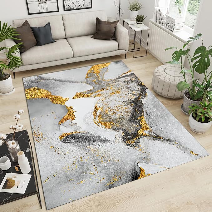 Light Luxury Gray Gold Marble Area Rug, Modern Marble Non Slip Accent Rug, Machine Washable Durable Carpet for Indoor Bedroom Living Room Office Decor Rug - 6 ft x 8 ft
