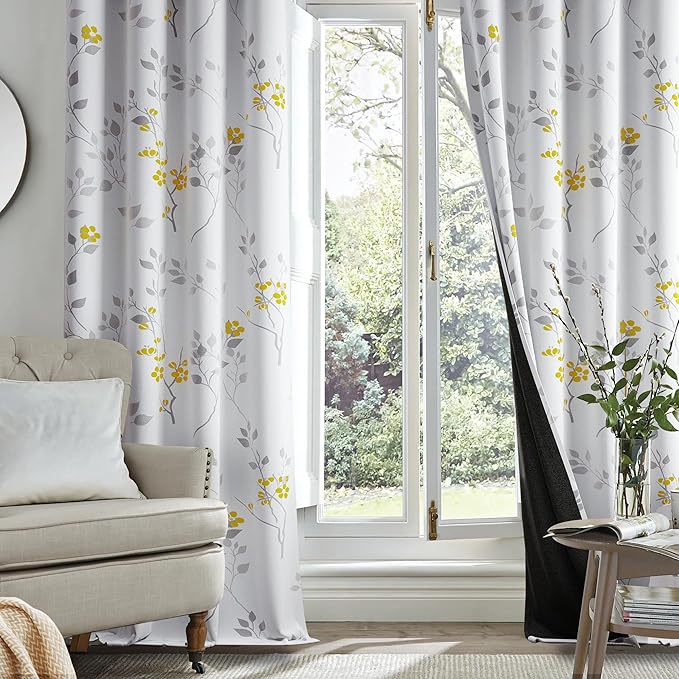Beauoop Floral 100% Blackout Curtains 108 Inches Long 2 Panels for Bedroom Living Room Yellow Grey and White Flower Patterned Room Darkening Thermal Soundproof Grommet Window Treatments Drapes