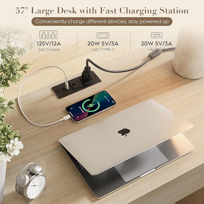 Yechen Executive Desk with 5 Drawers, 57" Modern Rattan Home Office Desk with Charging Station, File Drawer, Farmhouse Boho Computer Writing Desk for Study, Work, White