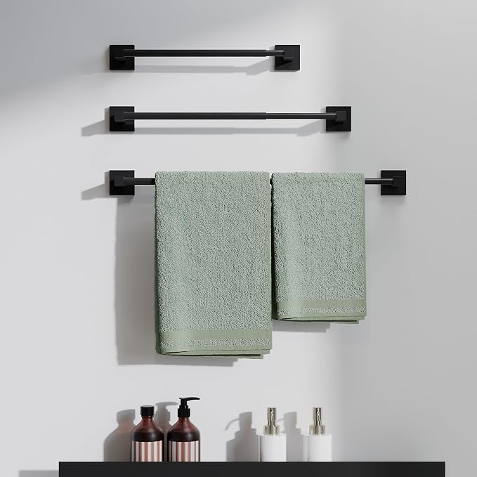 RUACQ Adjustable Towel Bar 13.8 to 24 inch,Square Base Single Towel Racks for Bathroom,Stainless Steel Towel Holder wall Mounted,Sturdy and Rustproof(Matte Black)