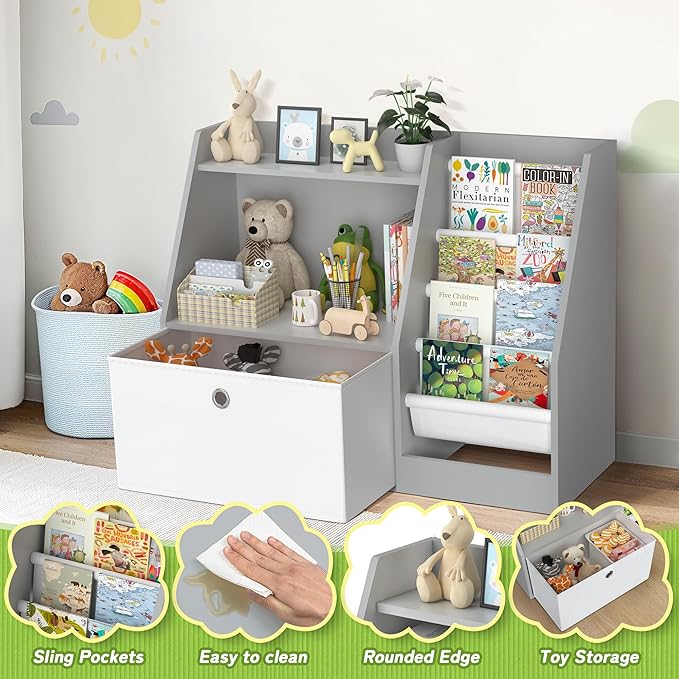 TOETOL Kids Bookshelf,Book Storage Organizer,4 Sling Toddler Wooden Book Shelf,2-Tier Kids Bookcase for Bedroom,Livingroom,Playroom,Nursery-Grey