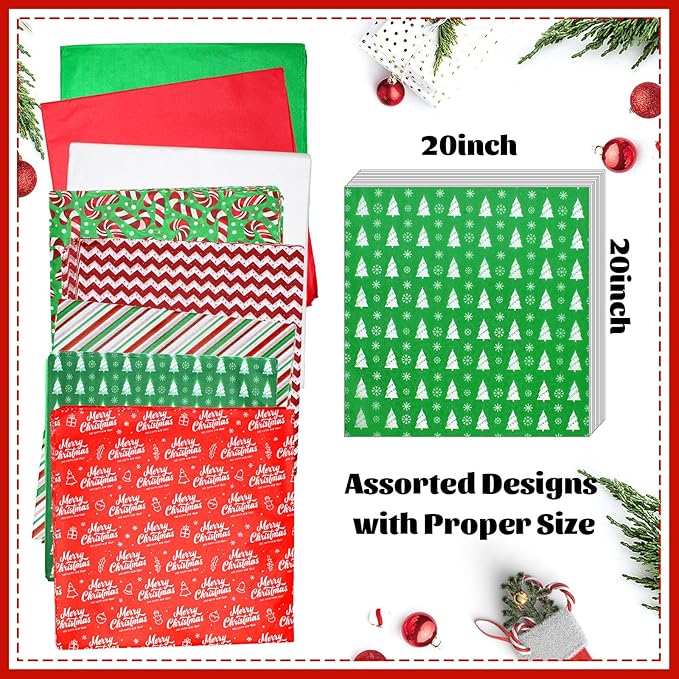 160 Sheets Christmas Tissue Paper Assorted Christmas Tissue Paper for Gift Wrapping, Christmas Gift Boxes and Wine Bottles