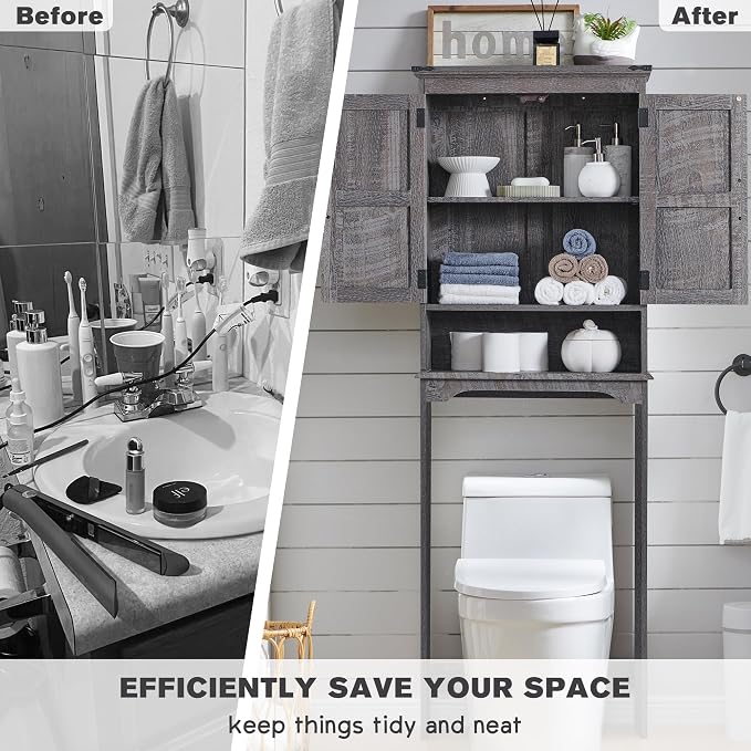 ACCOHOHO Over The Toilet Storage Cabinet, Farmhouse Bathroom Cabinet with Adjustable Shelf & Barn Door, 67" Tall Over The Toilet Shelf, Grey Wash