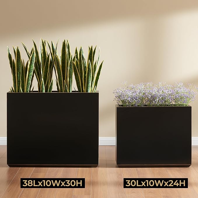 Wallowa Metallic Heavy Outdoor Planter Box, Span Planter, Long and Tall Divider, 30Lx10Wx24H, Black with Gold Rim, 30.8 Pounds
