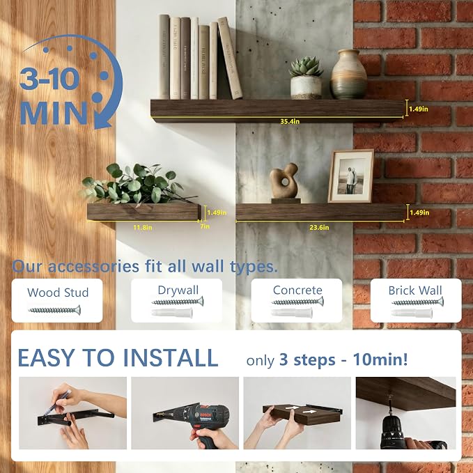 Floating Shelves for Wall, Bathroom Shelves Over Toilet, Wall Shelves & Book Shelf for Room, Hanging Shelf, Modern Wooden Mounted Floating Shelves, 24x7x1.5 in (Smoke Gray, Set of 3)