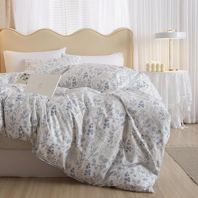 EAVD Chic Fresh Blue Floral Duvet Cover Twin White Soft 100% Cotton Garden Aesthetic Floral Bedding Set with 2 Pillowcases Cottagecore Botanical Duvet Cover with Zipper Closure