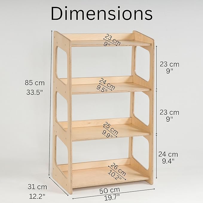 Montessori Bookshelf for Toddlers Solid Wood Toy Storage Shelf Organizer for Playroom and Classroom Floor Bookshelf for Kids Room (Natural, 4-Shelves)