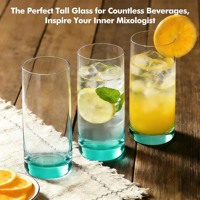 Green Highball Glasses Set of 6,13oz Drinking Glass Cups for Mixed Drink Cocktail, Beer, Mojito, Water and Juice,Thick Tall Crystal Glassware for Kitchen, Restaurant, Home Bar and Parties