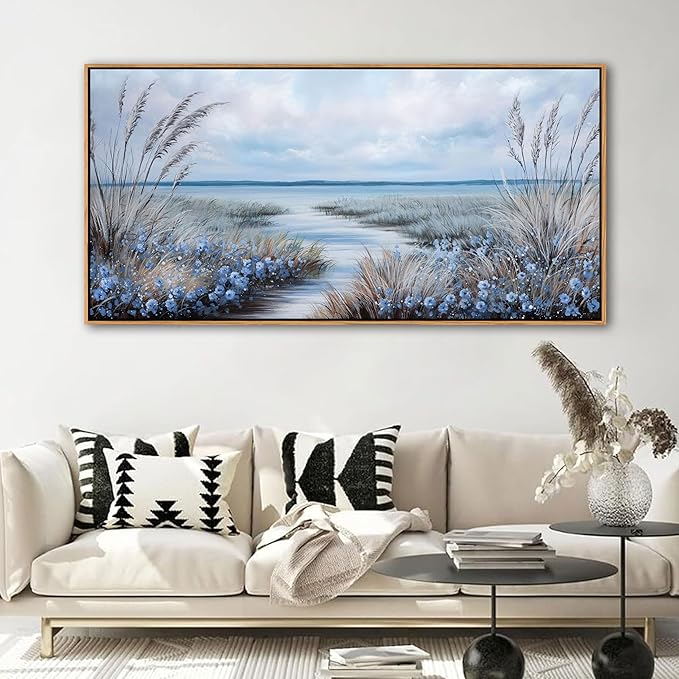 KLAKLA Beach Wall Art for Living Room 48x24 Inches Blue Ocean Wall Paintings Sea Wave Canvas Picture Artwork Modern Poster Bedroom Office Home Decor
