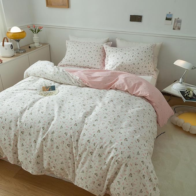 EAVD Vintage Style Garden Floral Duvet Cover King Size 100% Cotton White Pink Botanical Pattern Bedding Set with 2 Pillowcases Boho Fresh Aesthetic Floral Comforter Cover with Zipper Closure