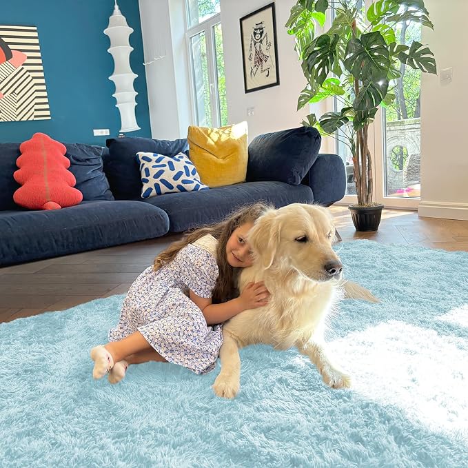 OLANLY 2x4 Machine Washable Runner Rugs for Hallway, Soft Fluffy Shaggy Bedside Rugs for Bedroom, Living Room, Indoor Floor Carpet for Kids Girls and Boys, Home Decor Aesthetic, Light Blue