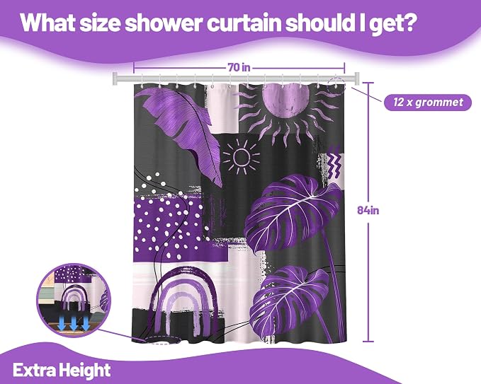 Purple and Gray Mid Century Modern Shower Curtain Bohemian Abstract Dark Purple and Grey Shower Curtains for Bathroom Decor Sets, Waterproof Cloth Fabric with Hooks, 72x84 Inch