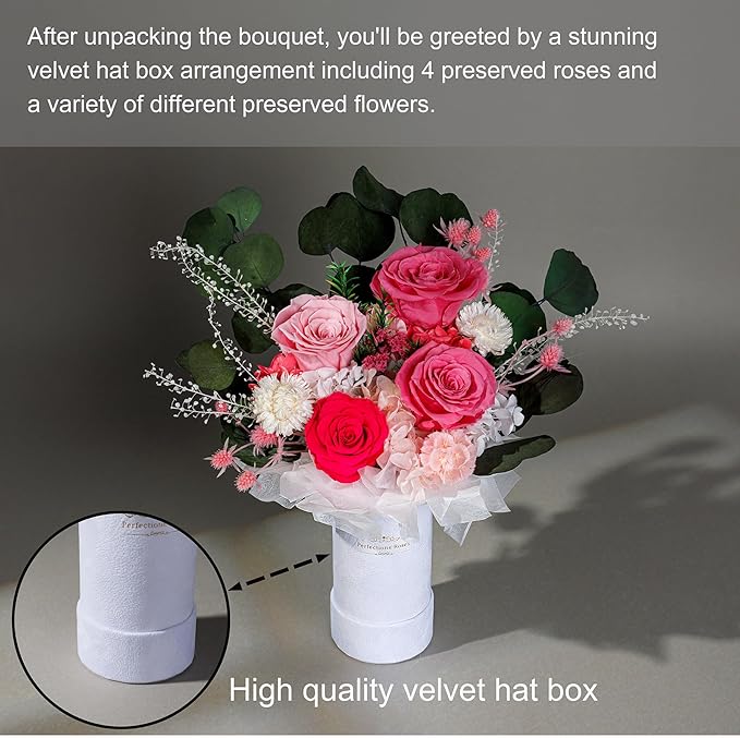 Perfectione Roses 4 Roses Mixed Bouquet for Mother's Day, Flowers for Delivery, Preserved Flowers Birthday Gift for Women Mom Wife Grandma Her, Pink