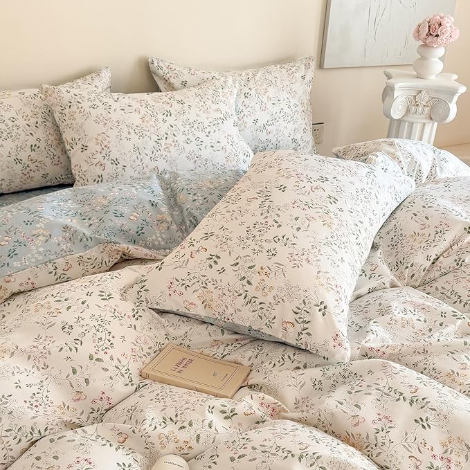 EAVD Garden Vibrant Floral Duvet Cover Full White Soft 100% Cotton Chic Shabby Spring Floral Bedding Set with 2 Pillowcases Reversible Botanical Print Duvet Cover with Zipper Closure