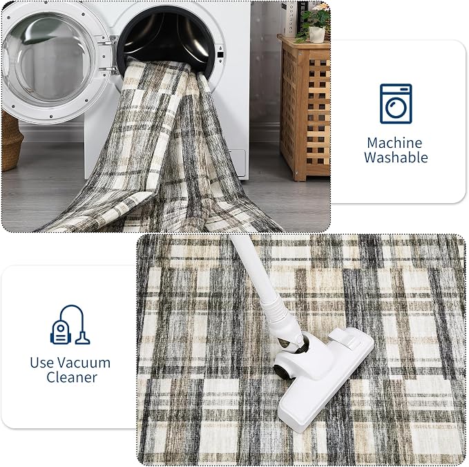 Washable Runner Rug 2x6 Runner Moder Plaid Tartan Non Slip Kitchen Rugs Low Pile Entryway Rug Soft Bathroom Rugs Stain Resistant Carpet for Hallway Laundry 2'x6' Blue&Beige