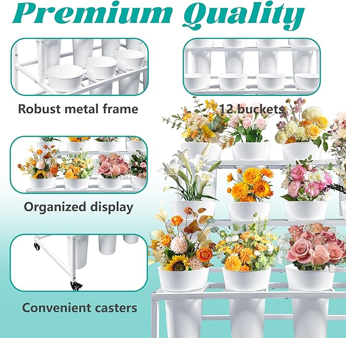 PROLEE Flower Stand with 12 Buckets, Flower Display Stand with Wheels, Flower Cart, Moving Florist Bouquet Shelf, Rectangular, White