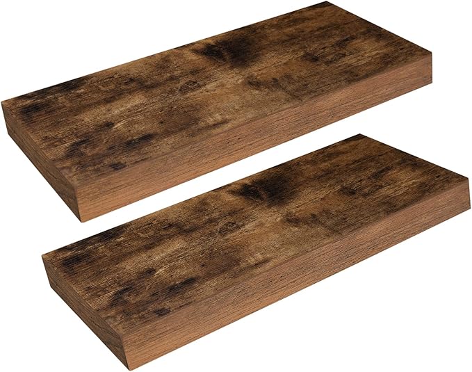 HOOBRO Floating Shelves for Wall, Wall Mounted Shelf Set of 2, 15.7" Hanging Shelf with Invisible Brackets, for Wall Decor Storage in Bathroom Bedroom Kitchen Living Room Office, Rustic Brown BF40BJ01
