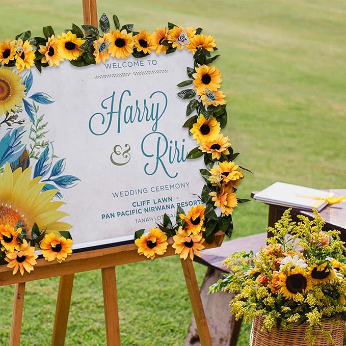 2 Pack Artificial Sunflower Garland with Lights Decor,Fake Hanging Sunflower Vines with Green Leaves,Silk Girasoles Flower Garlands for Birthday Wedding Tables Centerpieces Party Garden Decor