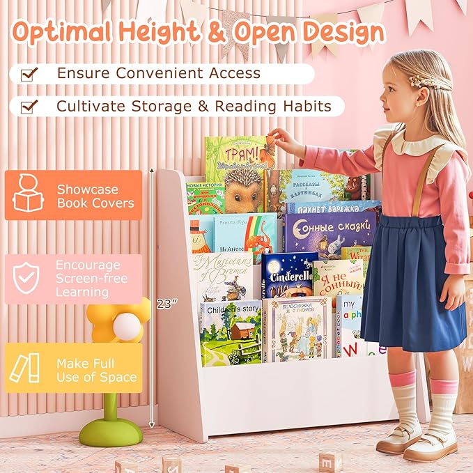 Costzon 4-Tier Kids Bookshelf, Front Facing Children Bookcase with Deep Compartments, Magazine Storage Rack for Kids Bedroom, Playroom, Nursery, Classroom, Kindergarten (White)