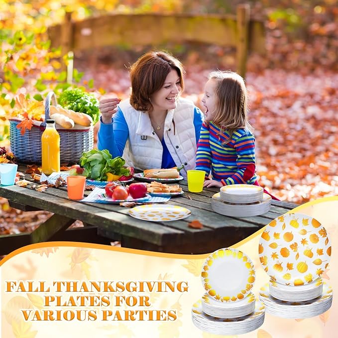 Suclain 60 Pcs Thanksgiving Party Disposable Plastic Plates Gold Fall Bridal Baby Shower Party Decoration Serves as 30 10.25'' Dinner Plates 7.5'' Dessert Plate for Thanksgiving Wedding Engagement