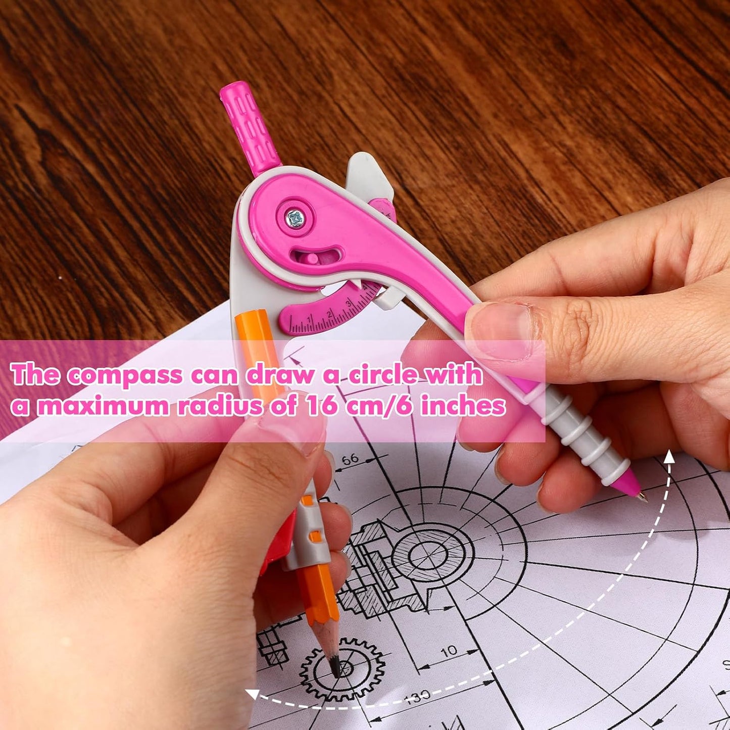 Zonon Geometry Math Set - 7-Piece Plastic Kit with Protractor, Compass, Rulers | Pink