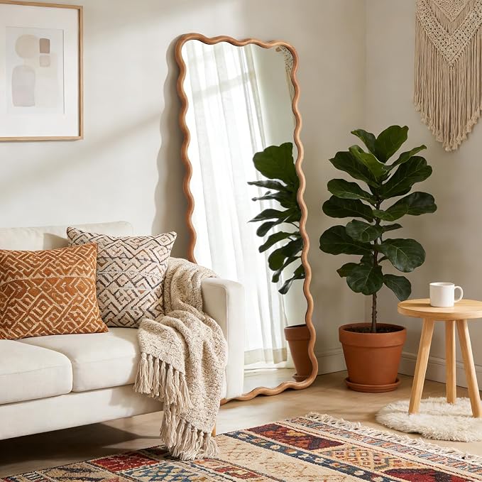 WallBeyond 24"x65" Full Length Mirror with Wood Frame, Natural Wood Wavy Mirror, Decorative Floor or Wall Mounted Mirror for Bedroom, Living Room, Entryway and Dressing Room