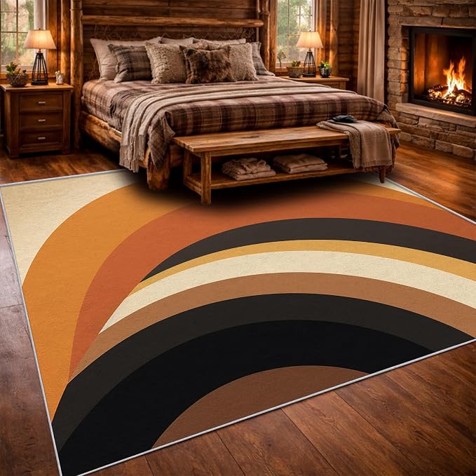 Mid Century Modern Area Rug 7x10, Washable Non-Slip Low Pile Retro Rainbow Rug for Living Room Bedroom Home Office, Abstract Boho Carpet in Terracotta Camel Cream and Black