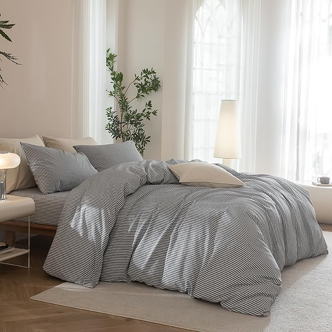 JIYUAN 100% Washed Cotton Striped Duvet Cover Set 3 Pieces King, 1 Duvet Cover and 2 Pillowcases(Comforter Not Included),Linen Like Comfy and Breathable,Pinstripes-Heathered Dark Grey White