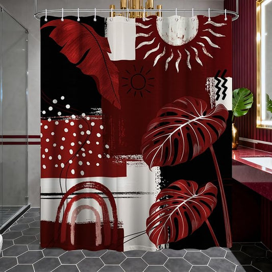 Black and Red Mid Century Modern Shower Curtain Bohemian Abstract Burgundy Shower Curtains for Bathroom Decor Sets, Waterproof Cloth Fabric with Hooks, 70x78 Inch