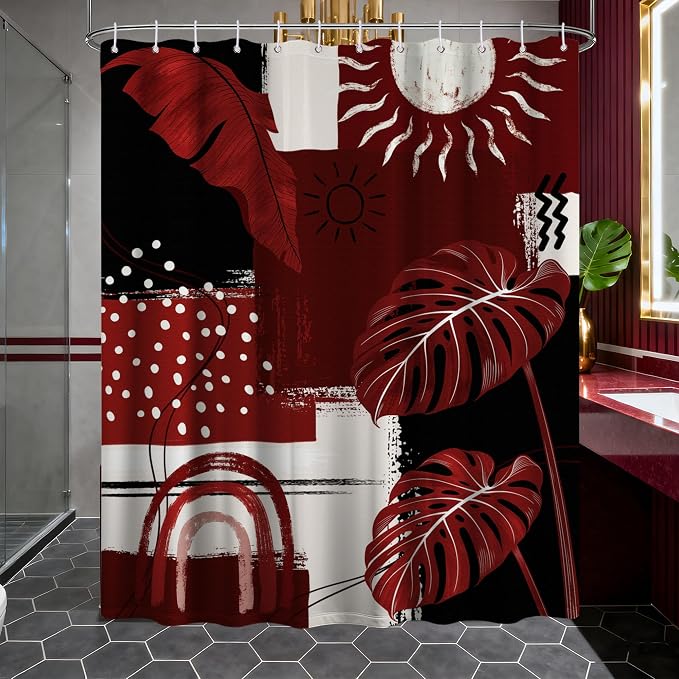 Extra Long Shower Curtain 96 Inchs Extra Tall Black and Red Mid Century Modern XL Boho Burgundy Shower Curtains for Large Bathroom Decor Sets, Waterproof Cloth Fabric with Hooks, 70 x 96 Inch