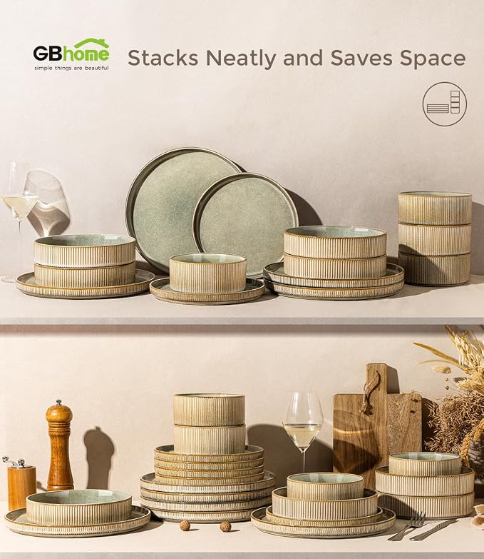GBHOME 12-Piece Stoneware Dinnerware Set for 4 – Ribbed Ceramic Plates and Bowls, Scratch-Resistant, Microwave & Dishwasher Safe, Reactive Glaze, Desert Sage