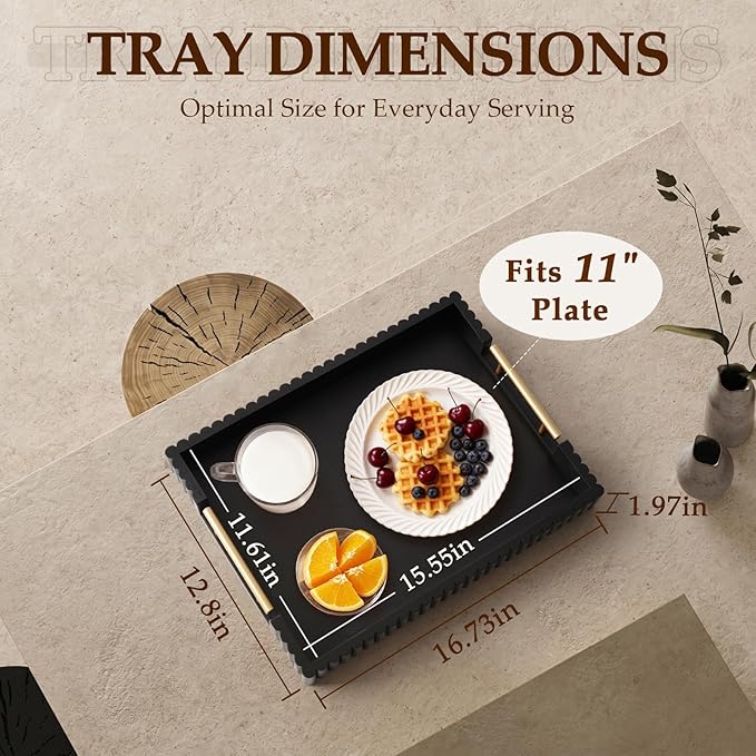 Acacia Wood Decorative Serving Tray with Handles, 16.7" x 12.8" Large Wooden Ottoman Tray for Living Room, Coffee Table Tray Decor for Food, Dinner, Tea or Breakfast in Bed (Black)