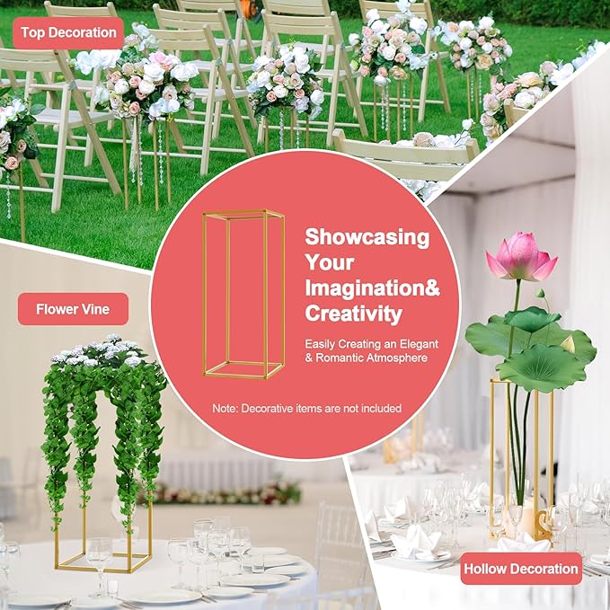 10Pcs Gold Wedding Flower Stands, Metal Column Flower Holder Gold Flower Centerpieces Stands Wedding Metal Centerpieces Rectangular Vase for Wedding Decorations Party Event (10Pcs 23.62in)