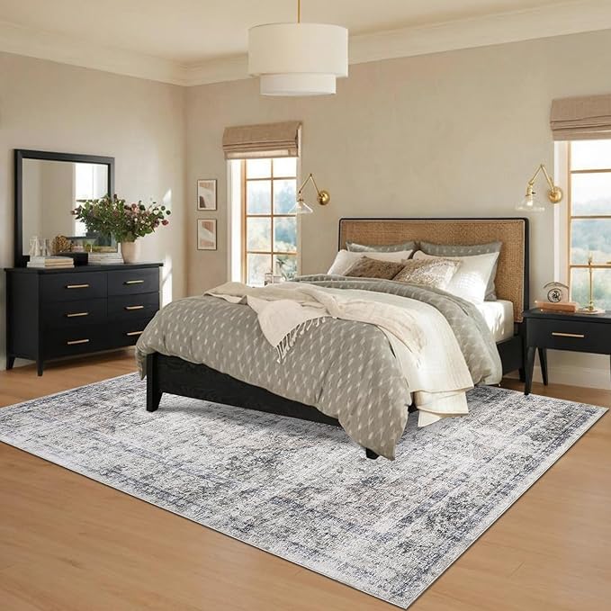 Washable Boho 10x13 Area Rug for Living Room Low Pile Soft Bedroom Rugs Non Slip Distressed Medal Print Large Indoor Carpet Thin Foldable Boho Vintage Carpet for Playroom Farmhouse, Beige