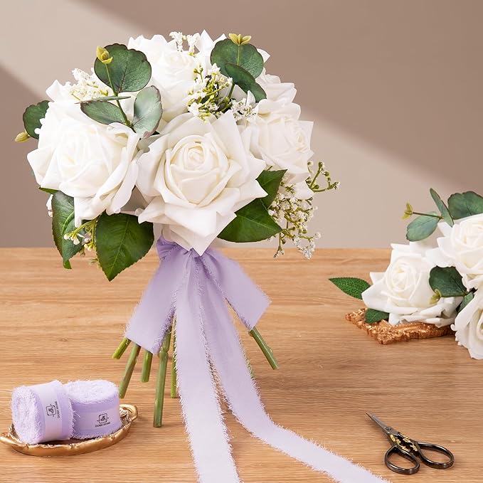 DORIS HOME Light Purple Chiffon Ribbon for Flower Bouquet, 1" x21Yd Fabric Ribbon for Gift Wrapping, Handmade Frayed Ribbon for Wedding Invitations/Christmas Decorations