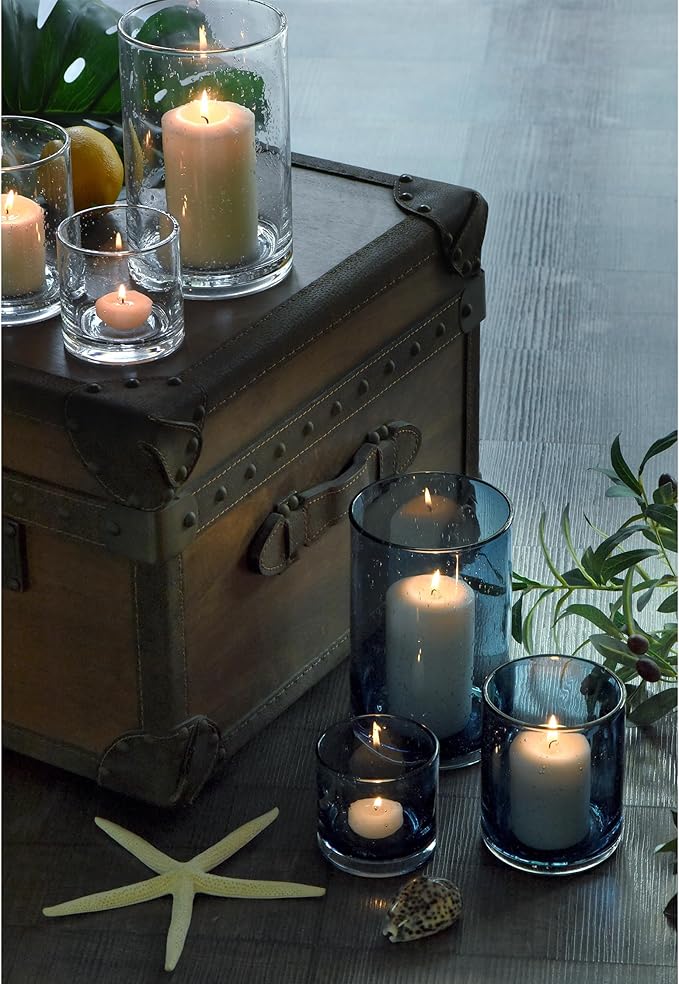 ARIAMOTION Blue Candle Holder for Pillar Tealights Modern Bubbles Glass Hurricane Cylinder Vases Table centerpieces Kitchen Island Dining Room Coffee Bar 8" 5" 3.5" Height Set 3