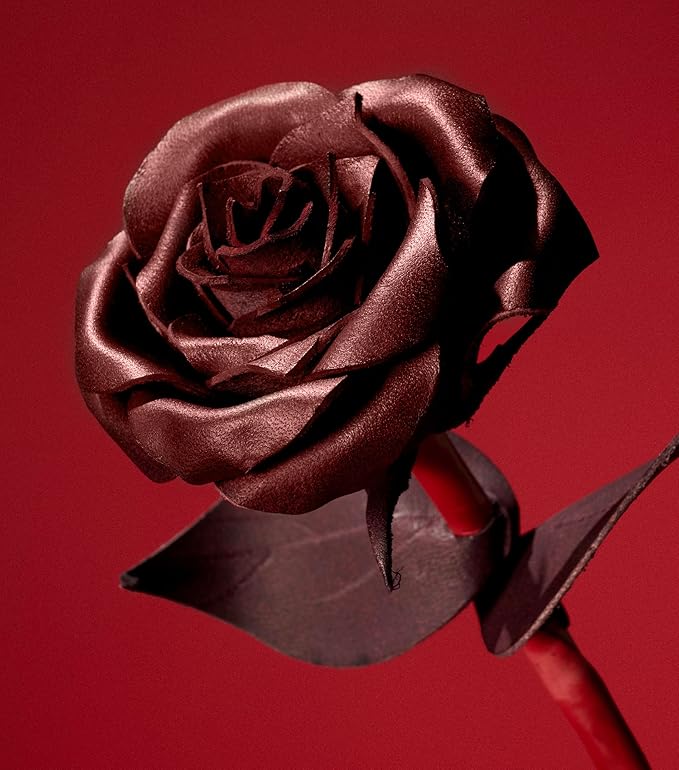 Handcrafted Genuine Leather Rose with Stem, Red, Gift Box Presentation, Lifelike Artisan Flower for 3rd Wedding Anniversary, Mother's Day (Dark Red)
