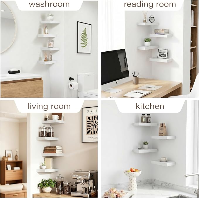 White Floating Shelves for Wall Set of 4, 11.8 Inch Small Wall Shelves for Bathroom Over Toilet, Kitchen & Bedroom Storage, Wall Mounted Shelf System for Decor, Books & Toiletries