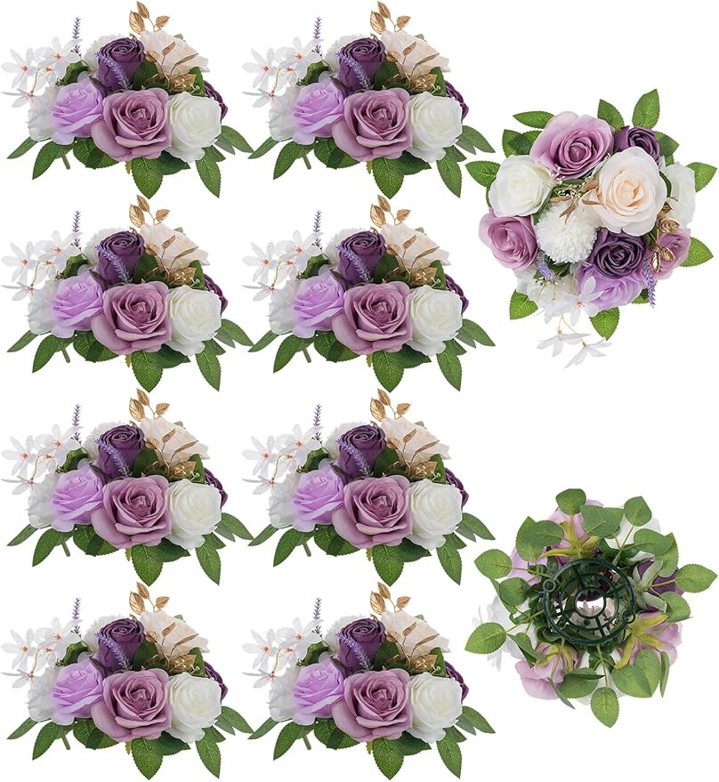 BLOSMON Artificial Flowers Ball Wedding Centerpieces 10 Pcs Lilac Rose Artificial Flower Center Pieces Decoration for Table Silk Kissing Ball Faux Floral Bouquet Arrangements for Home Party DIY Decor