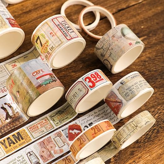 18 Rolls Vintage Washi Tape Set, Newspaper Building Map Retro Masking Tape 5/10/15/20/25/30/50/75mm Wide 6.56ft Long Decorative Scrapbook Tape for journaling, Scrapbooking Supplies, Junk Journal Craft