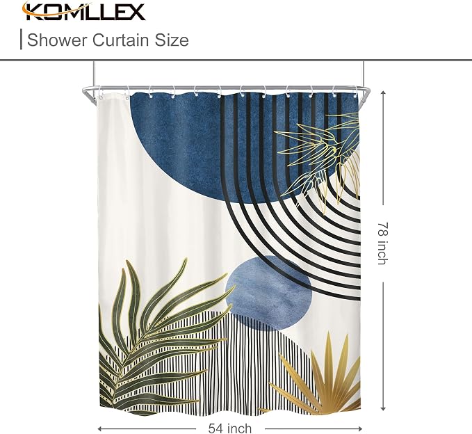 KOMLLEX Mid Century Blue Green Boho Shower Curtain for Bathroom Decor 54Wx78H Inches Abstract Modern Minimalist Chic Plants Arch Curve Leaves Sun Fabric Waterproof Polyester 12 Pack Hooks Pack Hooks