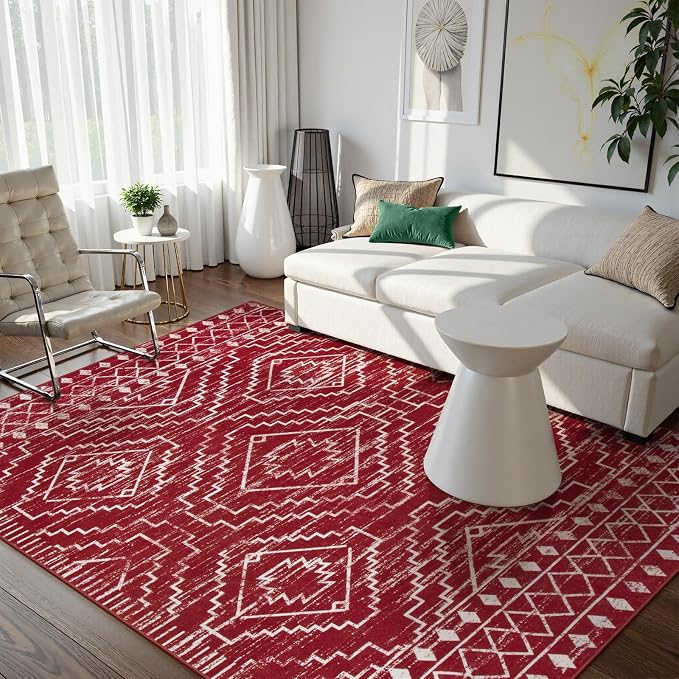 Wonnitar Moroccan Washable 5x7 Rug for Living Room, Soft Chrisrmas Rug for Bedroom, Non-Slip Stain Resistant Geometric Floor Carpet for Dining Table Kitchen Dorm (Red,5'x7')