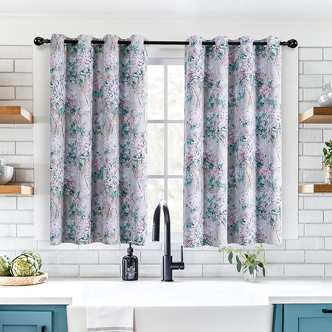 MYSKY HOME Floral Curtains 45 Inch Length for Living Room, Bathroom, Thermal Insulated Room Darkening Curtain Grommet Vintage Floral Curtains Decorative Curtains,2 Panels